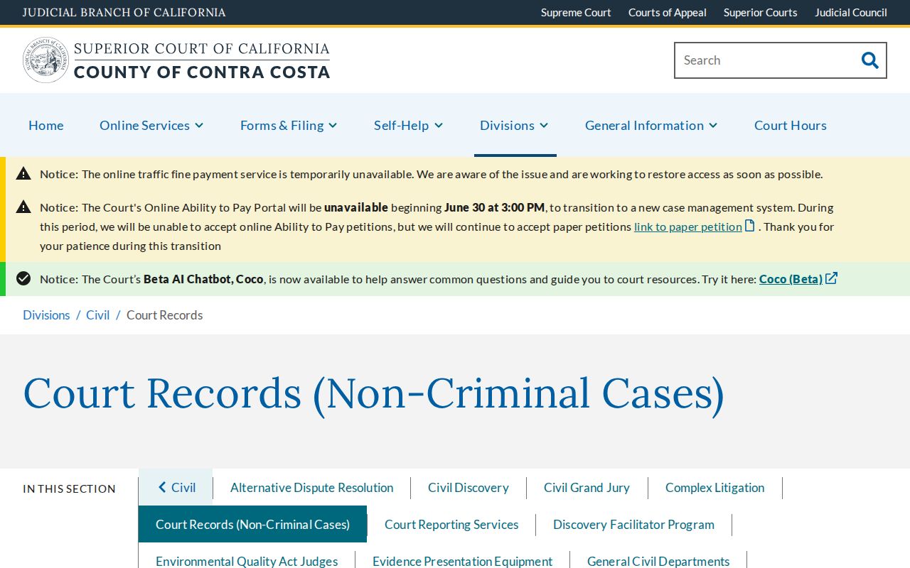 Lafayette public records request options for Contra Costa non-criminal court files