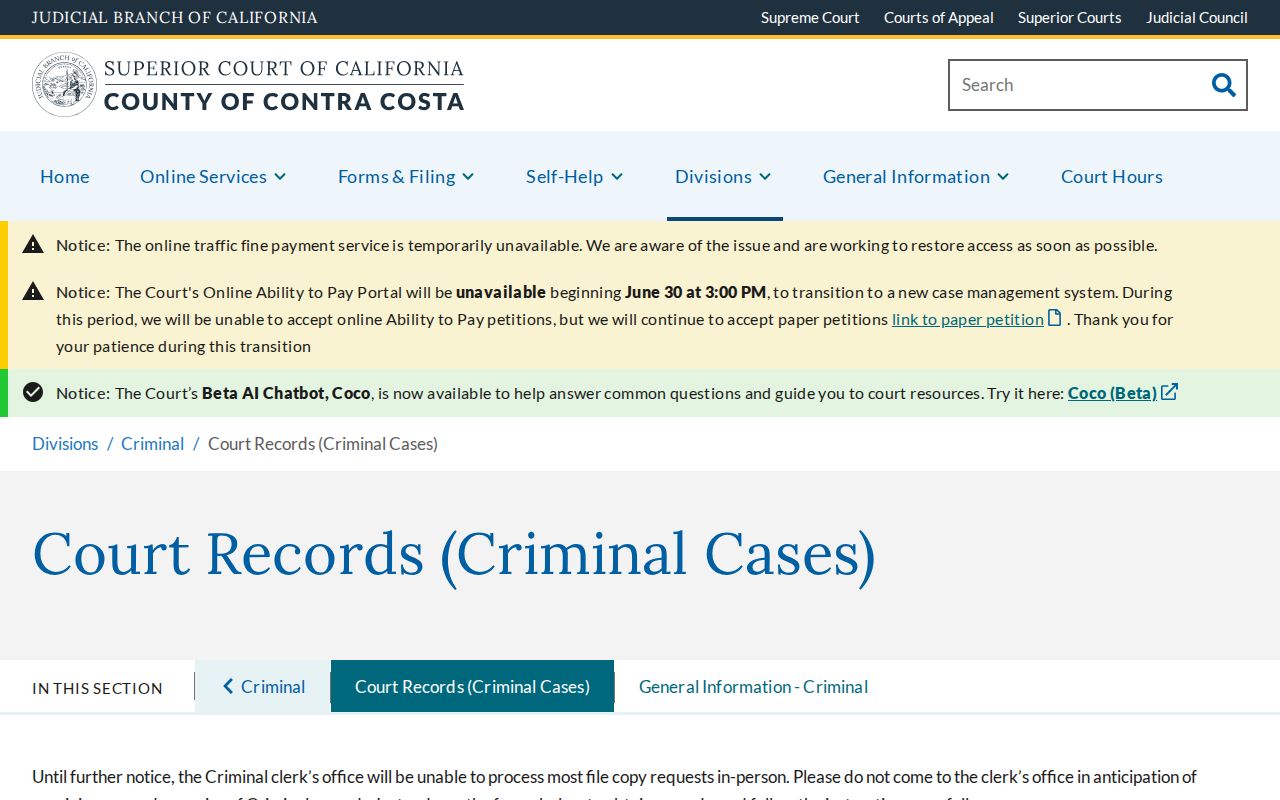 Lafayette public records request page for Contra Costa criminal court cases