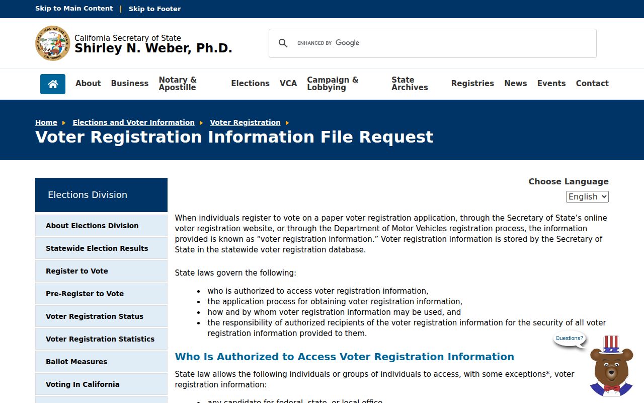 Lafayette voter registration records California file request page